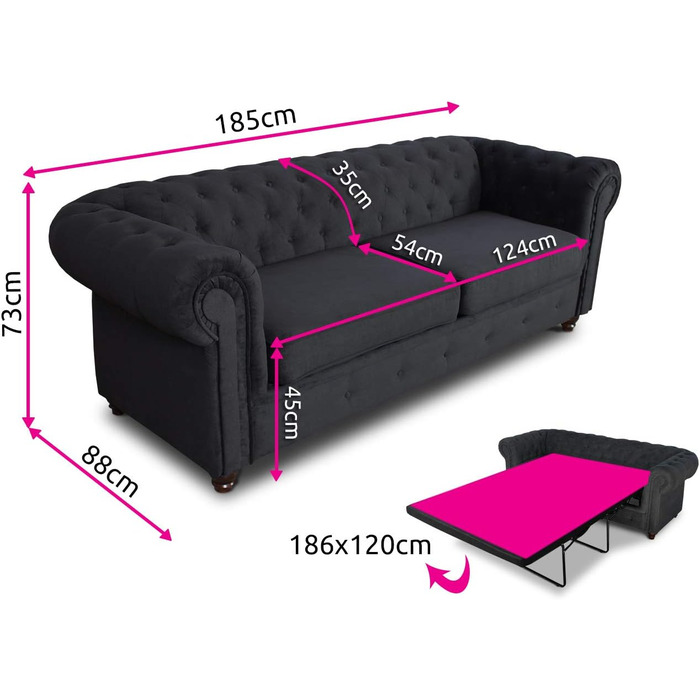 Розкладний диван Chesterfield Asti, до 2 місць, диван з функцією сну, 2-місний диван, комплект диванів, комплект диванів, дерев&39яні ніжки, Glamour (Червоний (Оксамит 59))