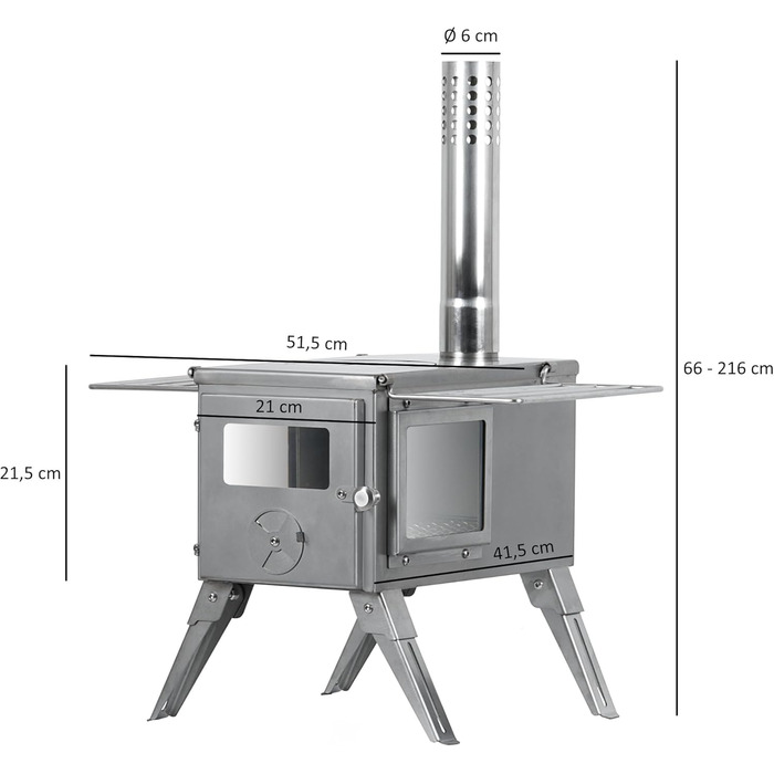 Піч для намету з нержавіючої сталі CampFeuer 51.5 x 42 x 216 см срібло Портативна дров'яна піч для кемпінгу, на відкритому повітрі, намету Піч для обігріву намету, піч для намету на дровах, піч для намету на відкритому повітрі