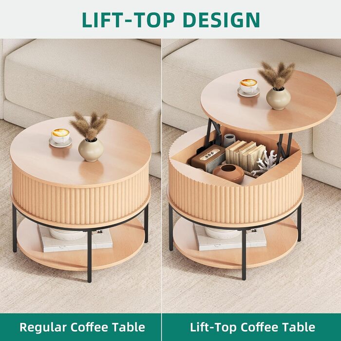 Журнальний столик з регульованою висотою, круглий журнальний столик з ребристим дизайном та прихованим місцем для зберігання, приставні столики для дивана Centro для вітальні, підйомна поверхня з дуба