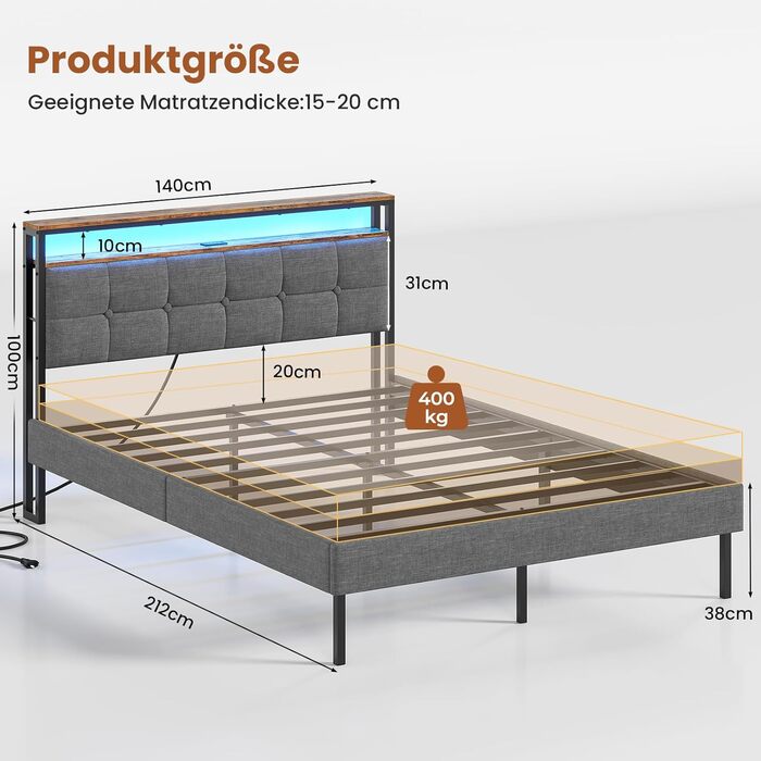 М&39яке ліжко AOGLLATI 140x200 з металевою рейковою основою, каркас ліжка зі світлодіодним освітленням та розетками, ліжко з місцем для зберігання, металеве ліжко з узголів&39ям, двоспальне ліжко, каркас ліжка з USB-портами, 140x200 см
