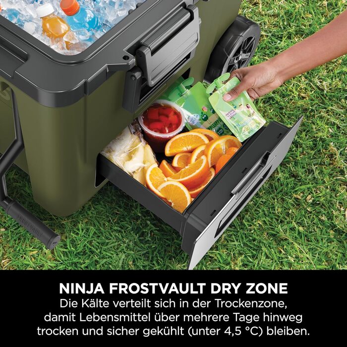 Холодильник Ninja FrostVault з колесами та ізоляцією, з пляшкою Ninja Thirti та пакетом з льодом, вбудованою шухлядою сухої зони для зберігання за температури холодильника, оливково-зелений, FB245AMZEUUKGN 42 л зелений