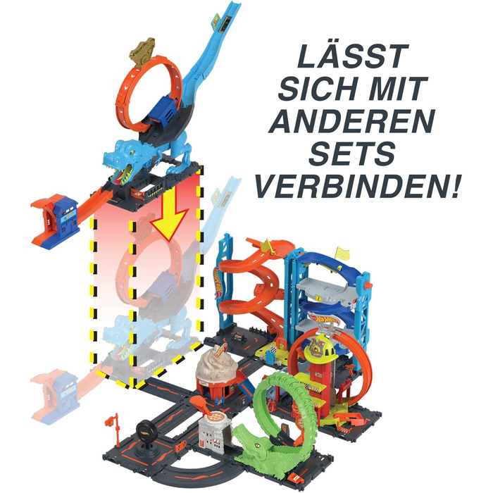 Гоночний трек Hot Wheels T-Rex атака, гра на спритність завдяки точному розрахунку часу та прицілюванню, з петляючою трасою, автом