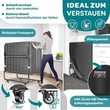 Розкладне ліжко KESSER 200x90 см, гостьове ліжко з матрацом з піни з ефектом пам&39яті та колесами Розкладне дорожнє ліжко з металевим каркасом для дорослих, вантажопідйомність до 250 кг Металеве ліжко з матрацом з піни та преміум-чохлом кольору антрацит