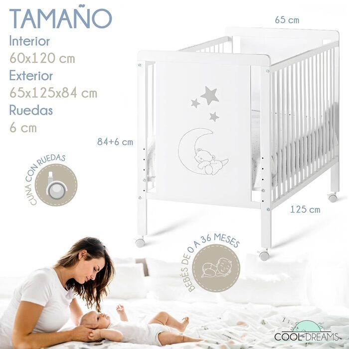 Дерев'яне ліжечко CoolDreams CoolDreams CoolDreams розміром 120 х 60 см і набір для кріплення ліжечка до ліжка, нетоксична фарба н