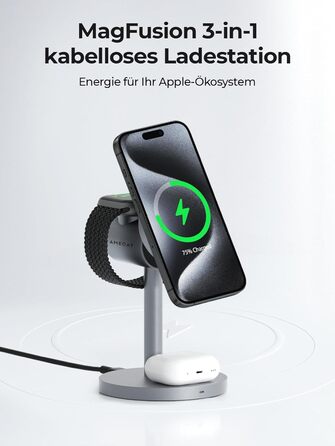 Зарядна станція AMEGAT для Apple Watch та iPhone, бездротовий зарядний пристрій MagSafe 3 в 1 15 Вт, включаючи 30 Вт зарядний прис