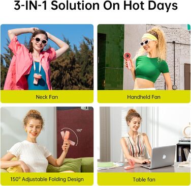 Потужний портативний вентилятор зі світлодіодним дисплеєм, максимум 19,5 годин, 5000 мАг, ручний/настільний/нашийний вентилятор 3-В-1, міні-вентилятор для подорожей (рожевий), 7, 2024