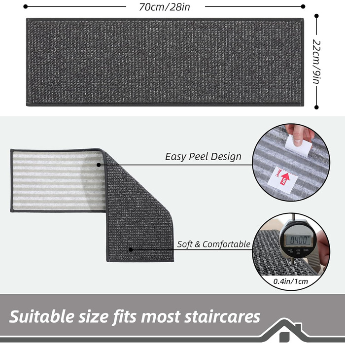 Сходинки BEQHAUSE для дерев&39яних сходів, 22,9 x 71,1 см, Килимові сходинки для використання в приміщенні, Можна прати в пральній машині, Доріжка для дітей, людей похилого віку та домашніх тварин, TPE-підкладка, 100 9&39 x 2&394&39 (прямокутні) темно-сір