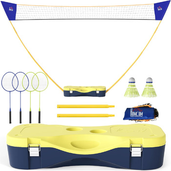 Сітка для бадмінтону HOMCOM з підставкою, підставка для сітки для бадмінтону, портативна підставка для сітки, сітка для бадмінтону з 4 ракетками для бадмінтону, для спорту на свіжому повітрі, жовтийсиній, 286 x 33 x 157 см