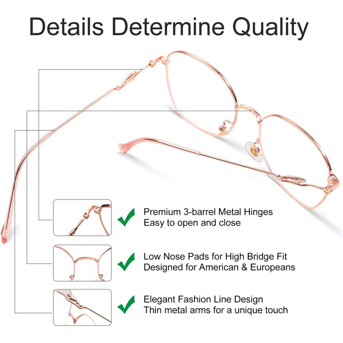 Окуляри SaNgaiMEi, окуляри проти синього світла, окуляри для компютера, окуляри з металевою оправою, що відпускаються за рецептом, компютерні ігри bluelight, окуляри з фільтром синього світла, блакитне світло (оправа з рожевого золота)