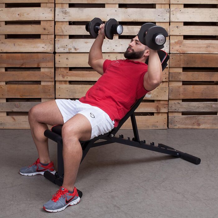 Професійна гантель Лава для тренажерів Premium Line Лава з багаторівневим регулюванням нахилу Надзвичайно вантажопідйомна вага 550 кг 21 тренувальне положення З опорою для ніг Включає посібник з тренувань для лави