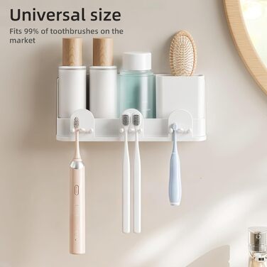 Тримач зубної щітки електрична зубна щітка, підставка чашки для зубної щітки без свердління, самоклеюча настінна підставка для зубної щітки з 3 чашками для зубних щіток, для різних зубних щіток, зубних паст і гребінців