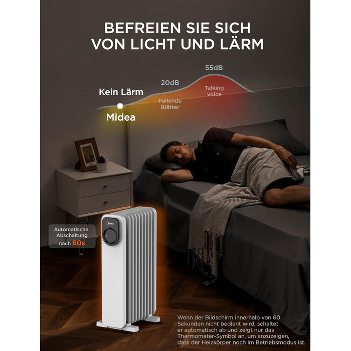 Масляний радіатор Midea NY2009-24UR, портативний електричний обігрівач з 9 ребрами, пультом дистанційного керування та сенсорним світлодіодним екраном, електричний радіатор з термостатом, 4 режими, захист від перегріву та перекидання, тиха робота, 2000 Вт