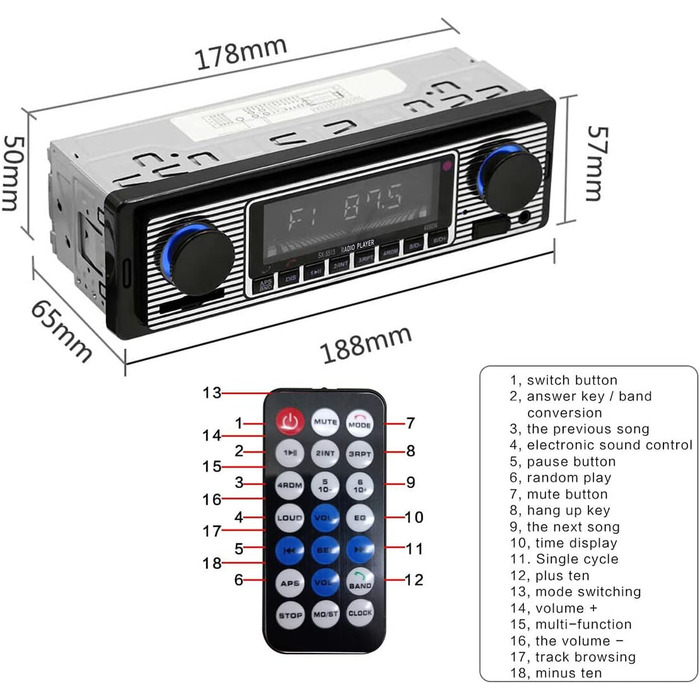 Автомобільна стереосистема Yolispa, автомобільна стереосистема Bluetooth з портом USB/SD/AUX, 4 x 60 Вт автомобільна аудіосистема FM-радіо, цифровий MP3-плеєр, автомобільна стереосистема з Bluetooth 01