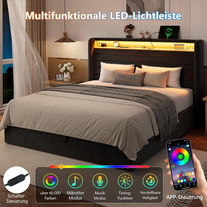 Ліжко FEONASE 140x200 з місцем для зберігання, М&39яке ліжко 140x200 см зі світлодіодним освітленням та зарядною станцією, Каркас ліжка з гідравлічним та велюровим узголів&39ям, місцем для зберігання, рейкова основа, Матрац не входить до комплекту, Темно-