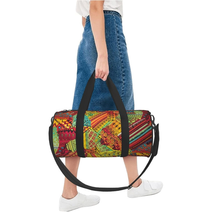Спортивна сумка, дорожня сумка, з африканським текстилем, візерунок печворк, сумка для подорожей на вихідні, чорна, універсальний розмір, сумка для подорожей