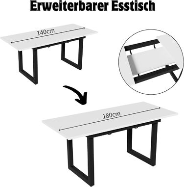 Розсувний обідній стіл Merax з металевими ніжками, прямокутний кухонний стіл для вітальні та їдальні, білий 140/180 x 80 x 75 см (розкладний) білий