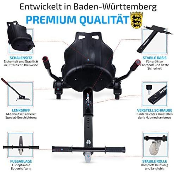 Оригінальне сидіння для ховерборда – сумісне з 98% усіх ховербордів 6,5–10 дюймів, якісний німецький бренд, ховеркарт чорного кольору для дітей