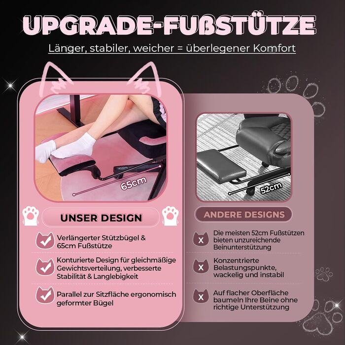 Миле ігрове крісло з оксамитовою тканиною, ергономічне офісне крісло, ігрове крісло з котячими вушками, піною з ефектом пам&39яті та підставкою для ніг, 150 кг, рожева тканина