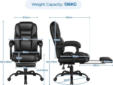 Ергономічне офісне крісло Yaheetech, крісло керівника з підставкою для ніг, письмове крісло з адаптивними підлокітниками, висока спинка, регульована висота, для офісу, чорне