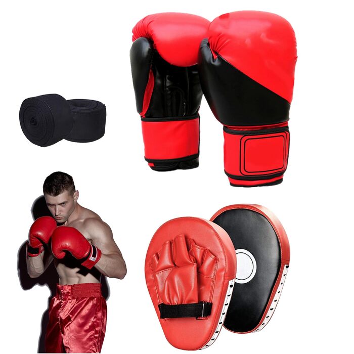Набір для тренувань у боксі, 1 пара боксерських рукавичок 6 унцій та 1 пара лапок для муай-тай, накладки на руки з поліуретану, боксерські лапи, боксерські лапи, набір боксерських рукавичок для дітей, боксерське спорядження для кікбоксингу