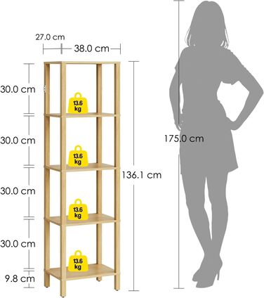 Книжкова полиця, вузька полиця з 5 полицями, кухонна полиця з відкритими полицями, 38 см x 27 см x 136 см, окремостояча полиця для вітальні, офісу, кабінету, дуб, 5 полиць