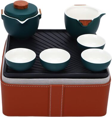 Набір для чаювання в стилі гунфу, преміальна кераміка, портативне зберігання, дорожній набір для чаю. Темно-зелений керамічний чайник з чашками та скринькою для чаю для подорожей, дому та офісу