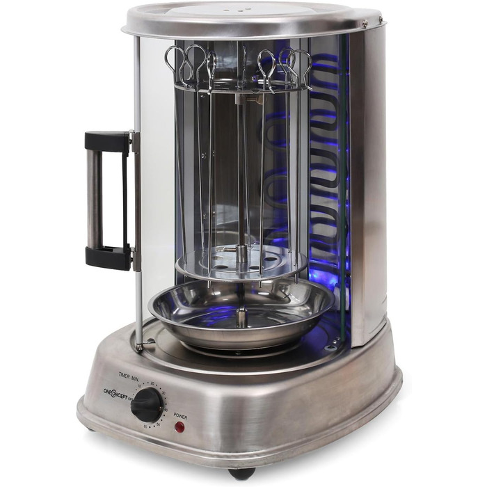 Гриль для шашлику oneConcept Kebap Master, Гіросгриль зі скляними розсувними дверима, закритий, шампур для шашлику, нержавіюча сталь, вертикальний гриль, розсувні двері, срібло