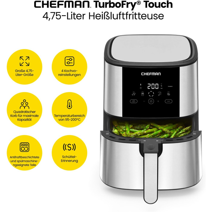 Сенсорна фритюрниця Chefman TurboFry, сімейний розмір 4.75 л, попередні налаштування цифрового керування одним дотиком, картопля фрі, курка, м'ясо, риба, можна мити в посудомийній машині, автоматичне вимкнення, нержавіюча сталь DE 4.75 л