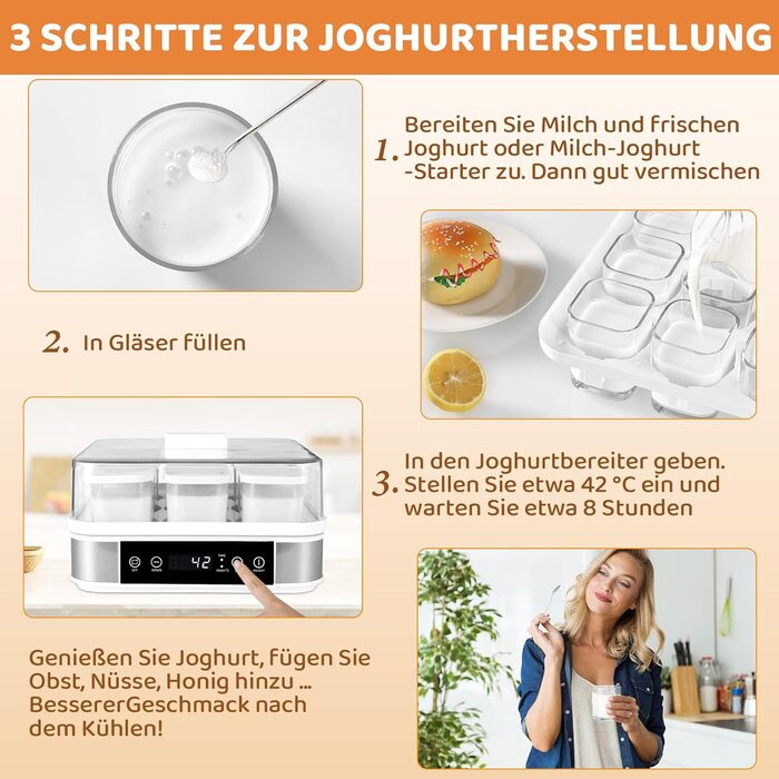 Йогуртниця, грецька йогуртниця з температурою і таймером, автоматична цифрова йогуртниця з 9 баночками, ідеально підходить для дом