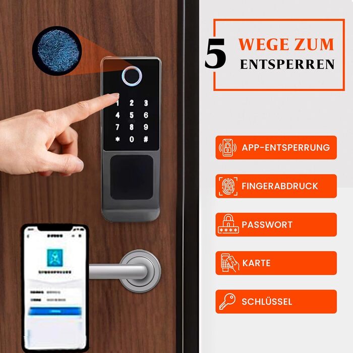 Електронний дверний замок Smart Lock - дверний замок із кодом, відбиток пальця дверного замка, додаток, картка та ключ, водонепроникний дизайн, автоматичний замок, для дверей товщиною 30-60 мм
