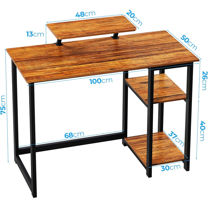 Невеликий офісний стіл з місцем для зберігання, 100 см Невеликий ПК-стіл з підставкою для монітора для домашнього офісу, горіх 100 x 50 см Горіх