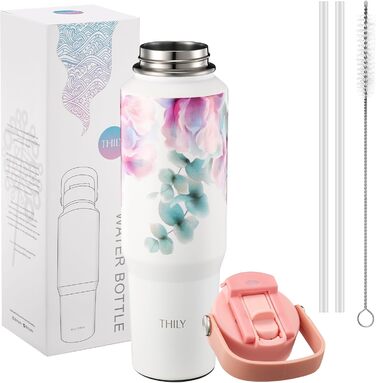 Пляшка для води THILY з нержавіючої сталі об&39ємом 40 унцій, потрійно ізольована, герметична пляшка для води з широким горлом, кришкою та трубочками, порошкове покриття, без BPA, зберігає напої гарячими та холодними, Pink Lilies F40 - Pink Lilies, модель