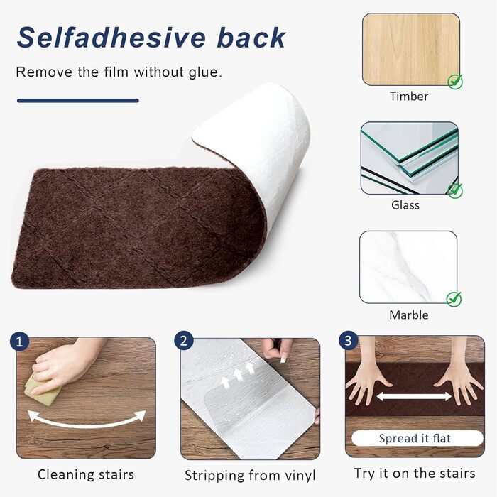 Килимки для сходів 55x19 см, самоклеючі протиковзкі килимки для сходів для використання в приміщенні, багаторазові, можна різати для дерев&39яних сходів, ідеально підходять для дітей, людей похилого віку, домашніх тварин (коричневі - з ромбоподібним візер
