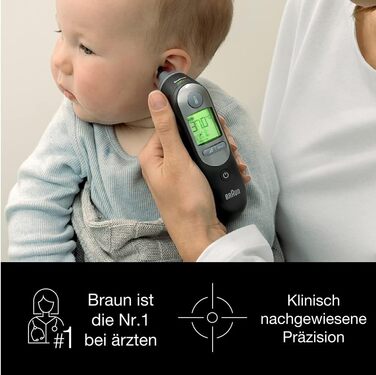 Вушний термометр Braun ThermoScan 7 (точність за віком, кольоровий дисплей температури, лихоманка, безпечний, гігієнічний, клінічно точний, ніжний) IRT6520, ука (1 упаковка), цифровий (6520 чорний)