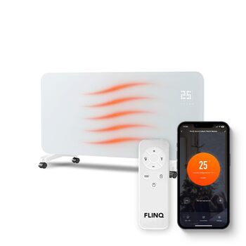 Розумний конвектор FlinQ 2000 Вт - Скляний конвектор, керування за допомогою застосунку - Обігріває до 60 м - Портативний електричний обігрівач - 96 x 46 x 13 см - Білий