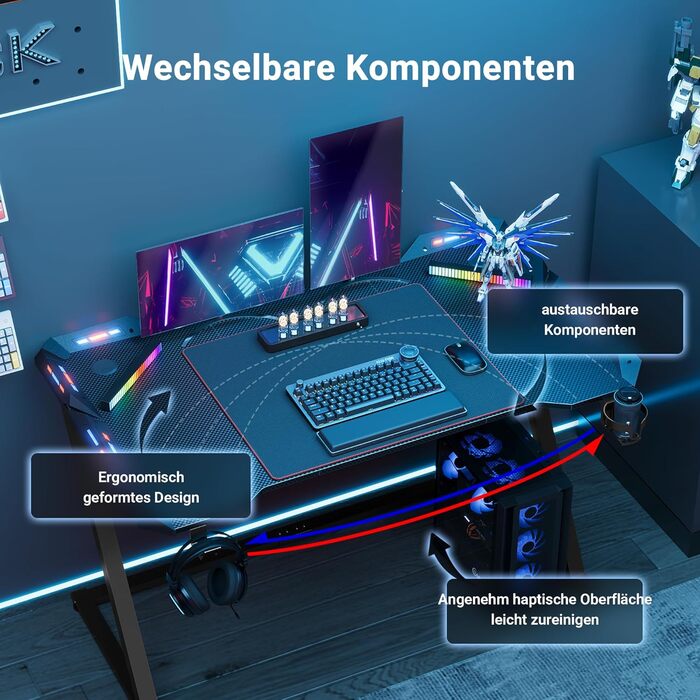 Ігровий стіл Claiks, 100 x 60 см, МДФ / сталь / вуглецеве волокно, чорний