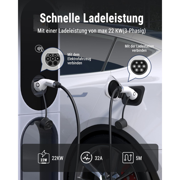 Зарядний кабель Powrun тип 2 22кВт 5м 32А з сумкою для перенесення, зарядний кабель електромобіля тип 2 3-фазний IP55 водонепроник