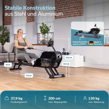 Гібридний гребний тренажер Skandika Nemo III Опір воді та магніту, 32 рівні електричного опору, 15 програм, до 200 см, сумісний із додатком, окремостоячий Водний гребний тренажер, домашнє фітнес-обладнання, чорний