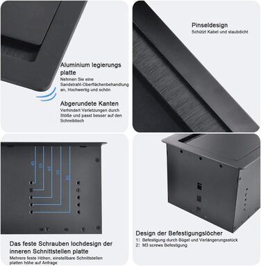 Вбудована настінна розетка для конференц-залу, столу, мультимедійна розетка, срібляста - 2 шт. Schuko - 2 шт. CAT6 - 2 шт. HDMI - USB 3.0 - стерео - USB-C для передачі даних (чорна)