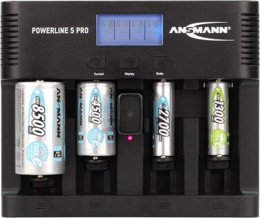 Універсальний зарядний пристрій ANSMANN Powerline 5 Pro AA, AAA, CD та 9V для акумуляторних батарей NiMh, NiCd з вилками для Великобританії, ЄС, США та Австралії та РК-дисплеєм, швидкий зарядний пристрій для заряджання та розряджання