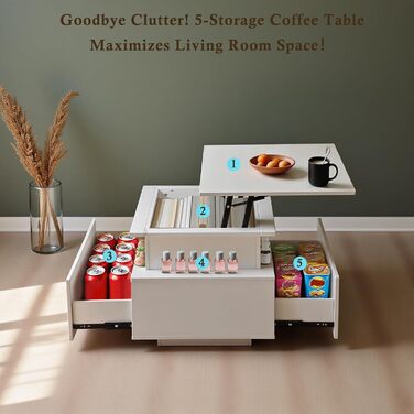 Журнальний столик з регульованою висотою, глянцевий стіл для вітальні зі світлодіодним підсвічуванням, відкритою полицею для демонстрації та 2 шухлядами, сучасний, 85 x 50 x 45 см, білий