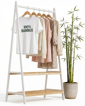 Вішалка для одягу з 2 полицями з білого бамбука, шафа-тумба з міцною рейкою для одягу, шафа з полицею для взуття, для передпокою, спальні, 160 x 80 x 44 см (білий)