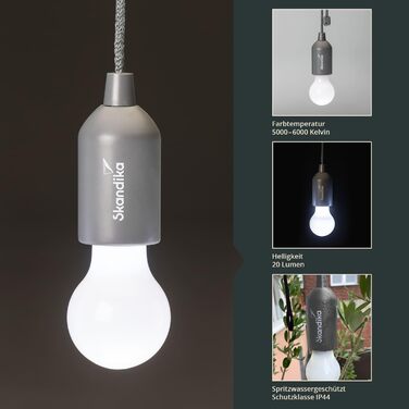 Лампа для кемпінгу Skandika Narvik Комплект із 4 шт., світлодіодна лампа, висувна, лампа на батарейках із тяговим вимикачем, підвісна, аксесуар для кемпінгу, портативна лампа для намету Для кемпінгу, фестивалів, гаража, підвалу, сірого кольору