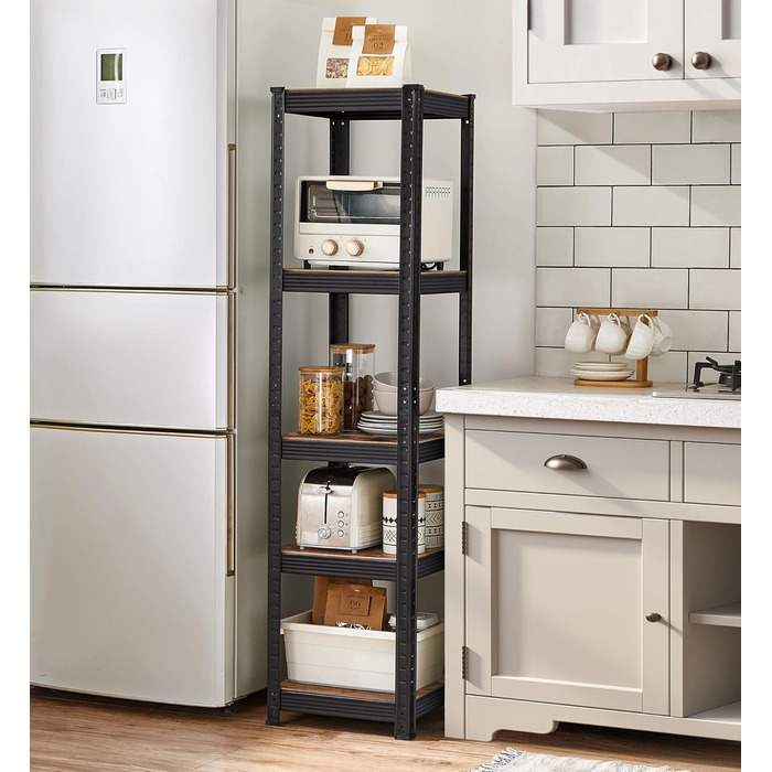 Окремостояча полиця SONGMICS, книжкова полиця, полиця для зберігання, 5 полиць, регульована, 37 x 37 x 150 см, вантажопідйомність до 400 кг, для кухні, вітальні, вінтажний коричнево-чорний GLR037B01