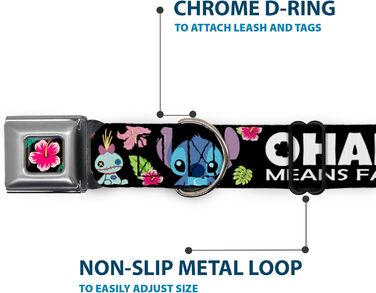 Нашийник для собак Buckle-Down Охана (Lilo & Stitch), з надійною застібкою, чорний, багатокольоровий, ширина 2.5 см - підходить для обхвату шиї 28-43 см, розмір М. Дизайн Охана означає сім'ю, зображення Стіча та Скрампа, тропічні рослини, чорно-біле та ба