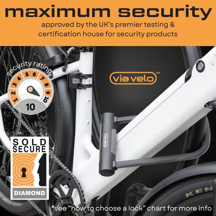 Замок Via Velo Bike U Lock Серьга Elite U Lock зі сталі 20CrMnTi, стійка до крадіжки, 17 мм, сертифікована Sold Secure Diamond для електровелосипедів, електричних складних замків та електричних самокатів. Великий U-подібний замок.