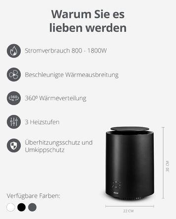 Розумний керамічний вентилятор-обігрівач Duux Threesixty 2 - Тихий - Електричний обігрівач на 360 з потужністю 1800 Вт та 3 рівнями потужності - Енергозберігаючий вентилятор-обігрівач з інтелектуальним керуванням - Чорний