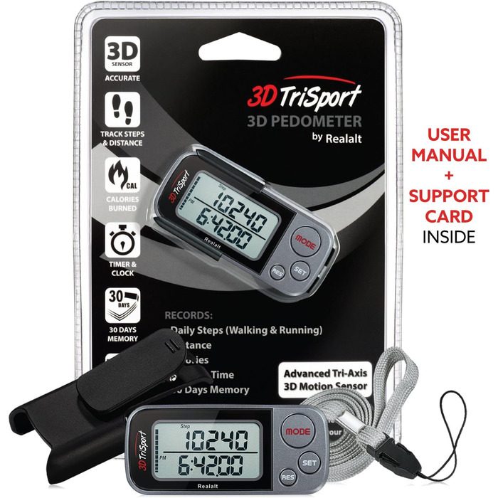 Крокомір Realalt 3DTriSport 3D із затискачем та ремінцем, включаючи електронну книгу 30-денна пам&39ять, точний лічильник кроків, пройдена відстань у милях/км, лічильник калорій, щоденний моніторинг часу тренування, сірий