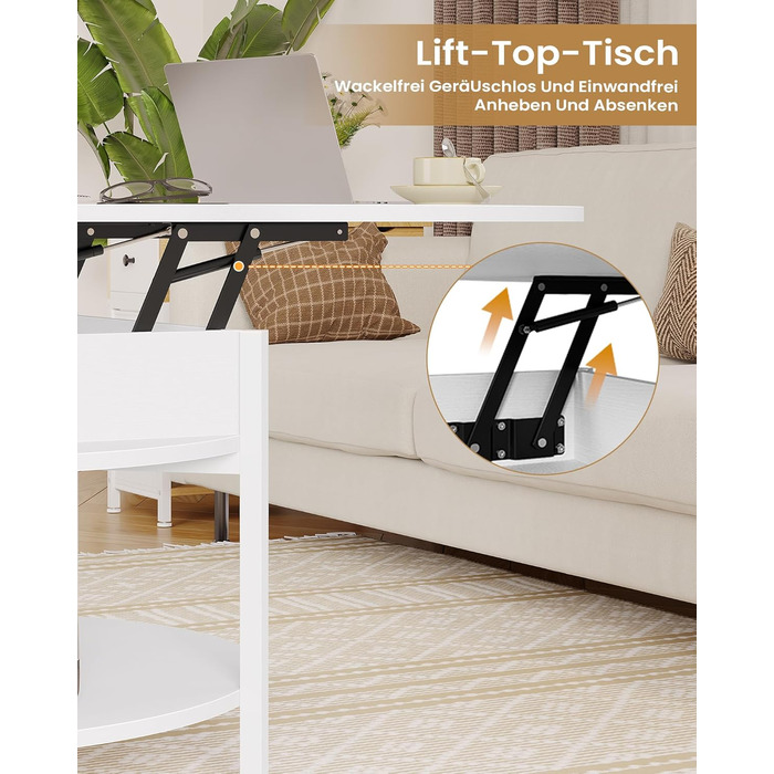 Круглий журнальний столик з підйомною стільницею, журнальний столик з регульованою висотою, бічний столик, стіл для вітальні з прихованим місцем для зберігання, відкритий відсік, металевий каркас, для вітальні, офісу, 70 x 70 x 50 см, білий.