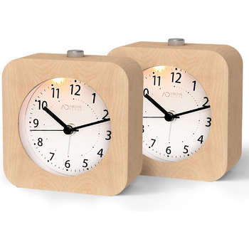 ВищеГодинник будильник аналоговий без цокання, будильник дерев'яний з дрімотою, тумбочка настільний годинник з нічником, ретро-будильник аналоговий на батарейках (потрібна батарея 1*AA - натуральне дерево світло-коричневого кольору (квадрат, світло-коричн